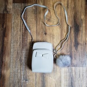 Women’s Grey Crossbody, Bow Accent, Pom Keychain,& Lightweight Adjustable Strap